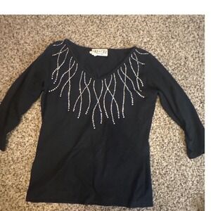 R&B Black Embellished VNeck Top Blouse Black Rhinestone Embellished 3/4 Sleeve M